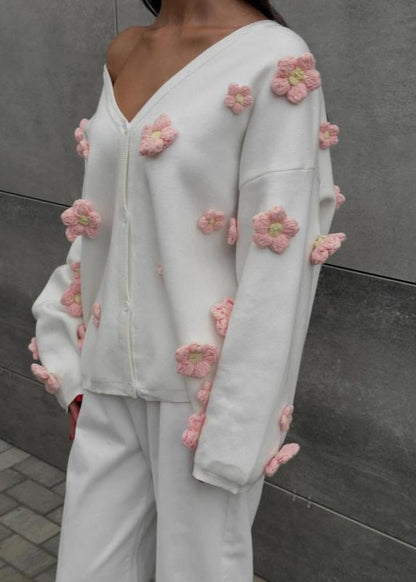 3D Floral Knit Cardigan With V Neck