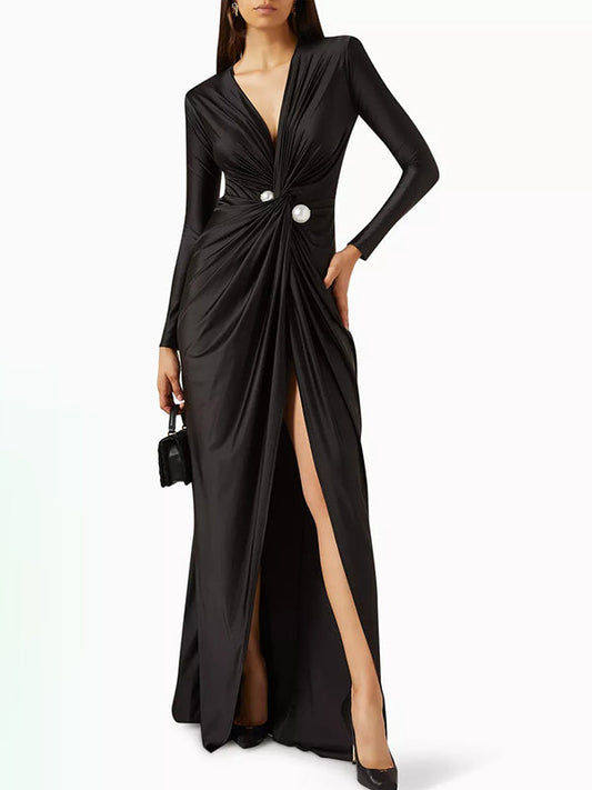 Bodycon Long Sleeves Pleated Solid Color Split-Front Tied Waist Deep V-Neck Maxi Dresses