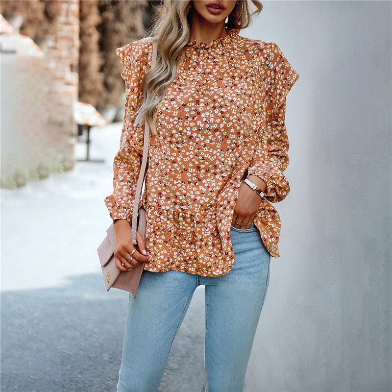 Lace Collar Floral Wood Ear Trim Shirt