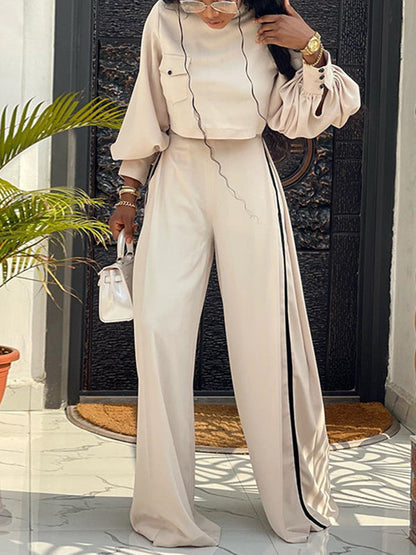 Casual Long Sleeves T-Shirts & High-Waisted Wide Leg Pants Suits
