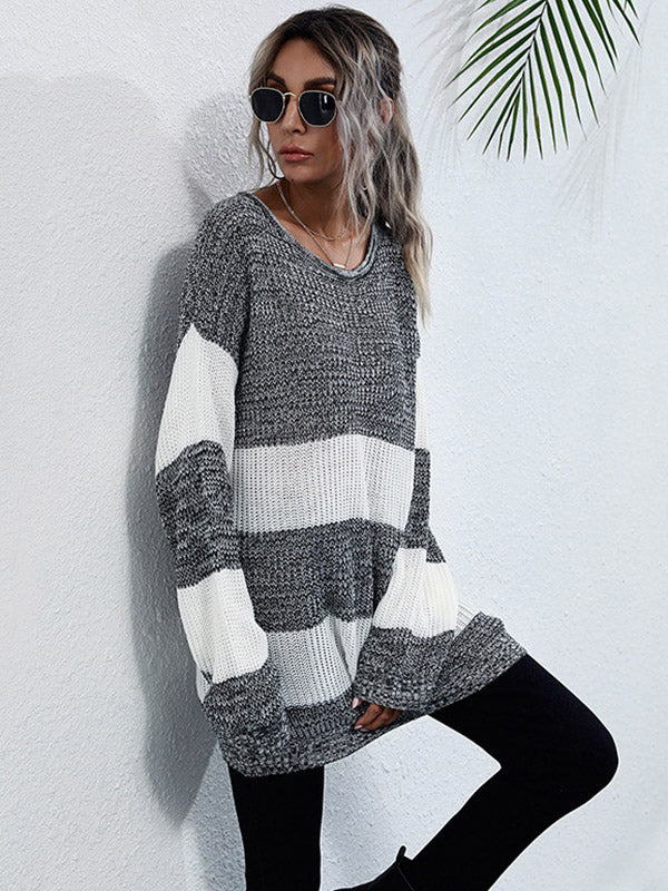 Simple Loose Contrast Color Striped Round-Neck Sweater