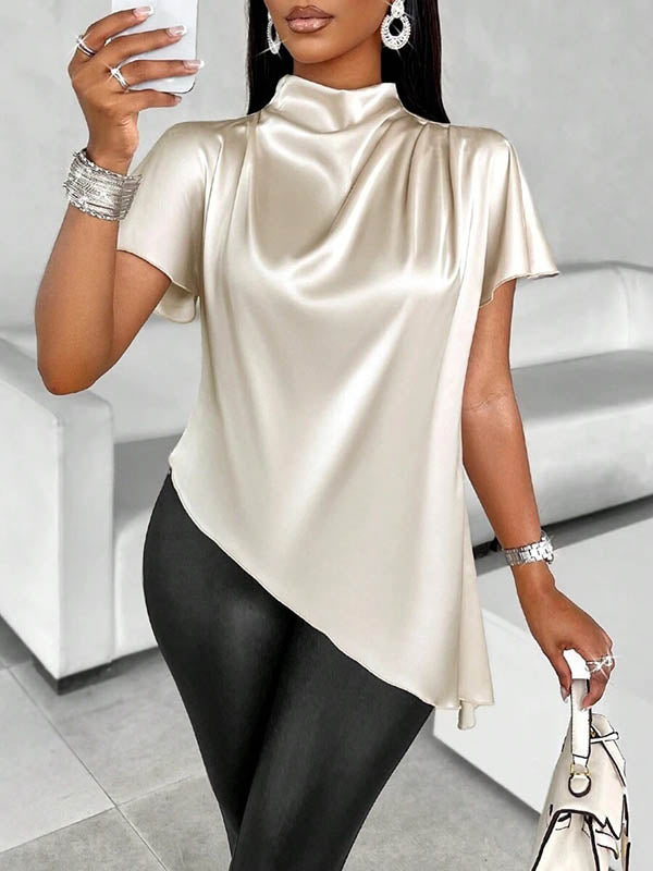 Loose Short Sleeves Asymmetric Solid Color Mock Neck Blouses&Shirts Tops