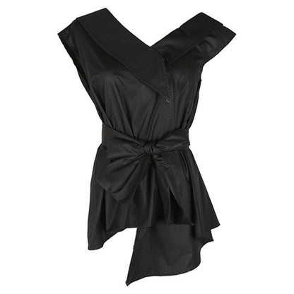 Off Shoulder Sleeveless Shirt Polyester Stand Collar