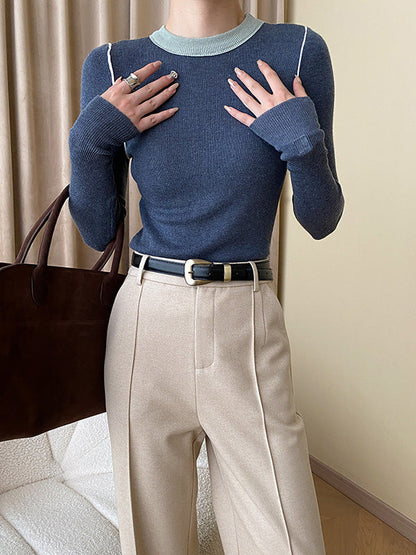 Long Sleeves Skinny Contrast Color Split-Joint Round-Neck Pullovers Sweater Tops