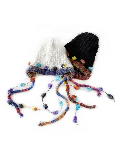 Haila - Winter Knitted Beanie with Pompom &amp; Tassel Braids