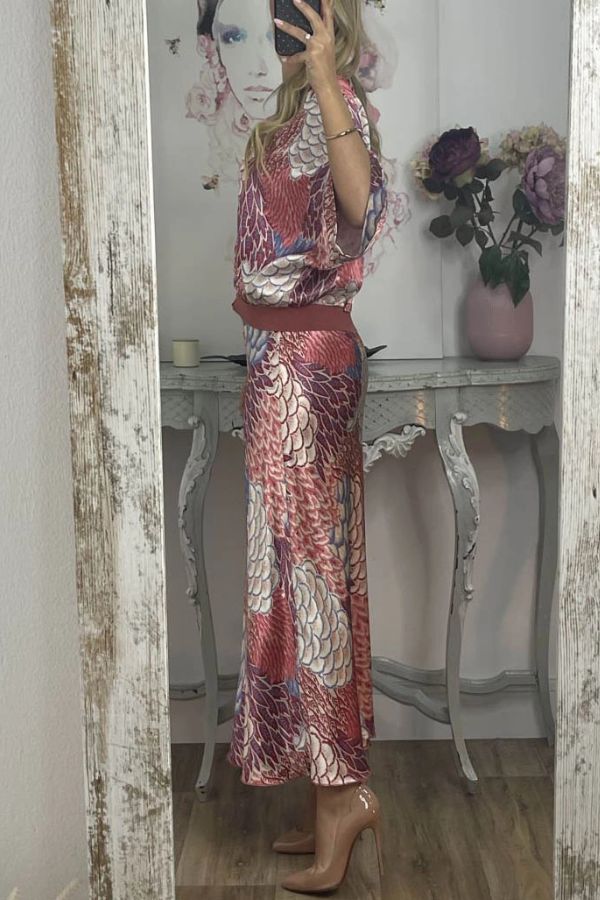 Satin Floral Print V-neck Half-sleeve Loose Top and Elegant Maxi Skirt Set
