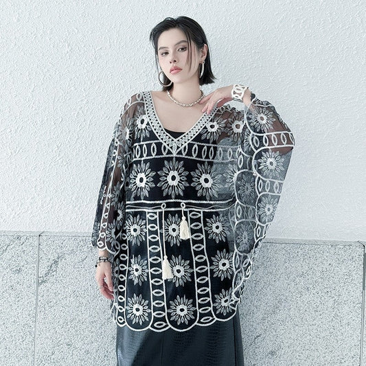 Ethnic Embroidered Hollow-Out Batwing Sleeve Lace Top - Loose, Lightweight, Versatile V-Neck Outerwear For Women
