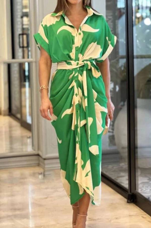 V-Neck Pleated Belt Short Sleeve Dress