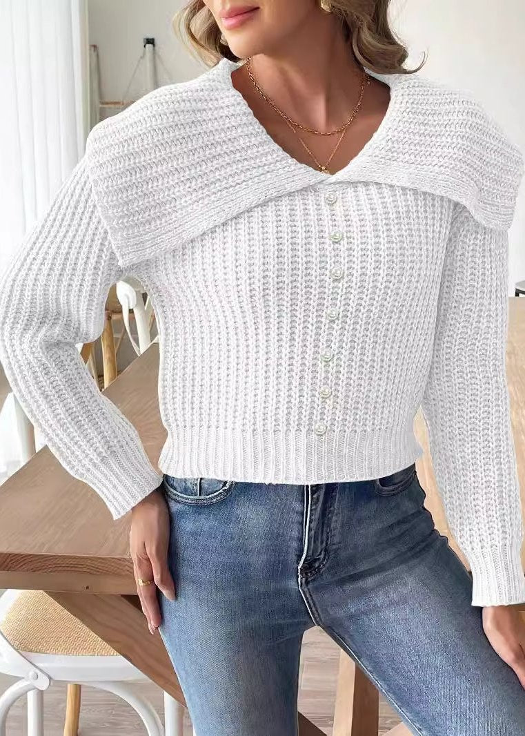 Short Beaded Lapel Sweater In Soft Knit