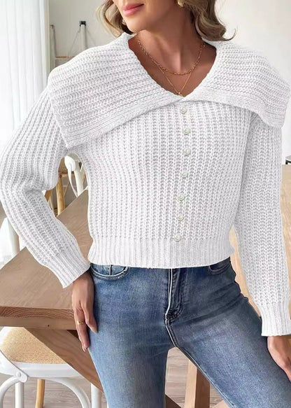 Short Beaded Lapel Sweater In Soft Knit