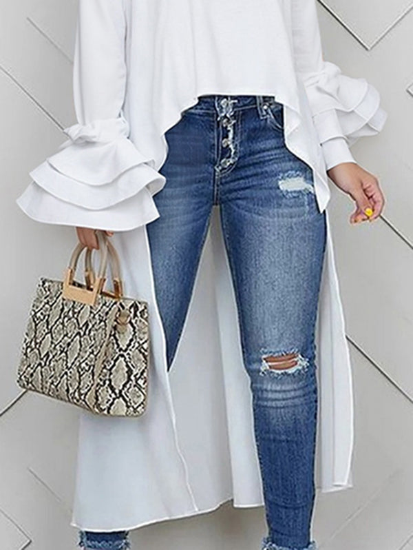 High-Low Loose Solid Color Split-Joint Tiered Round-Neck Blouses&Shirts Tops