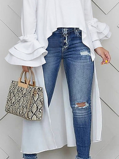 High-Low Loose Solid Color Split-Joint Tiered Round-Neck Blouses&Shirts Tops