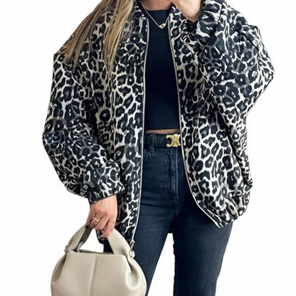 Vintage Leopard Print Zip-Up Winter Jacket