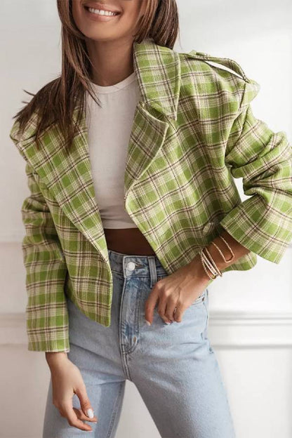 Women Fall\/Winter Turndown Collar Plaid Print Jacket