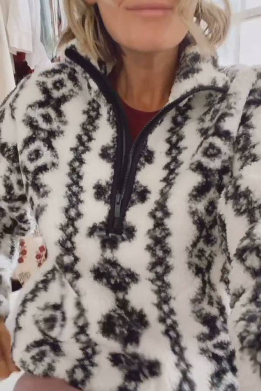 Geometric print half-zip turtleneck plush coat