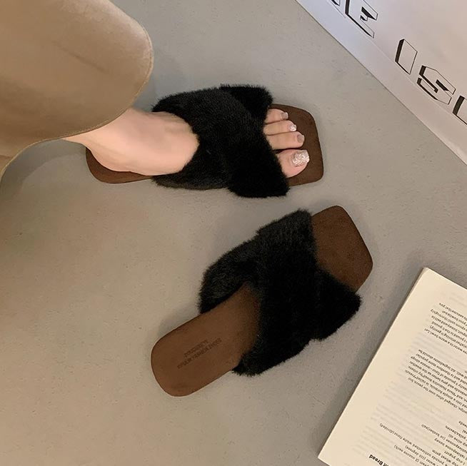 Square-Toe Cross-Strap Fuzzy Slippers