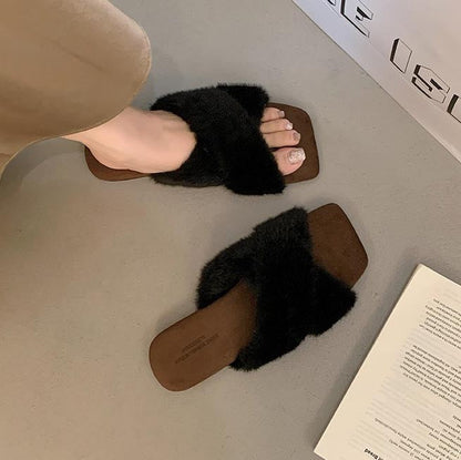 Square-Toe Cross-Strap Fuzzy Slippers
