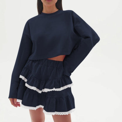 Color Block Crop Hoodie Lace Skirt Set