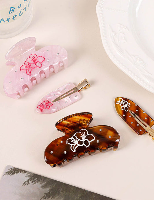 Flower Print Rhinestone Hair Claw Clips