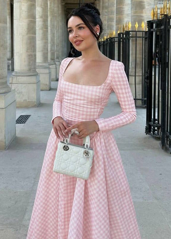 Long Sleeve Midi Dress Lightweight Pink Gingham