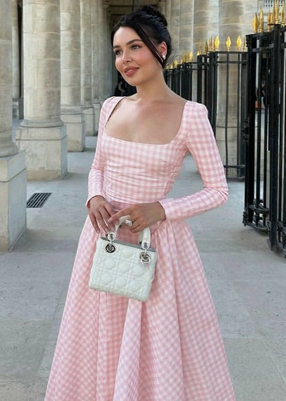 Long Sleeve Midi Dress Lightweight Pink Gingham