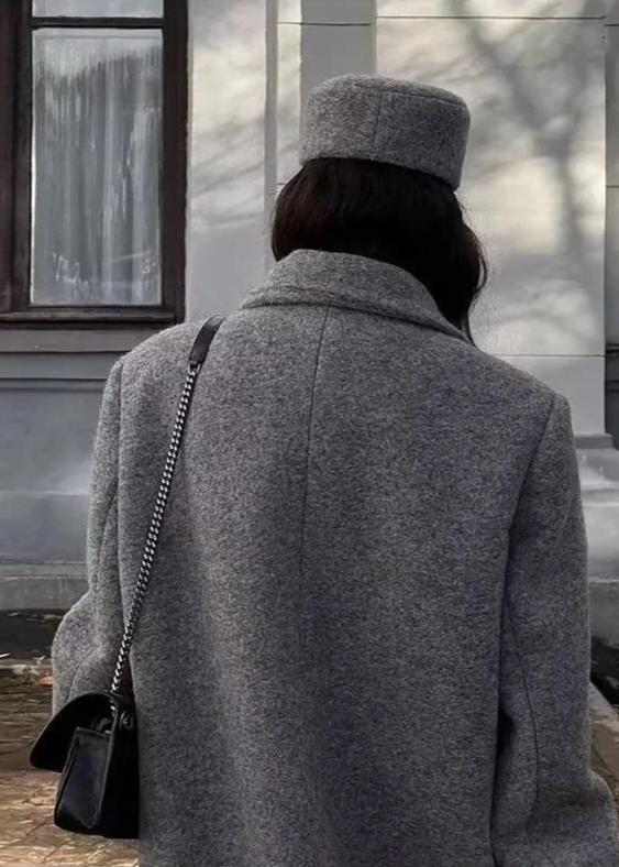 Long Wool Coat Buttoned Gray Tailored Fit