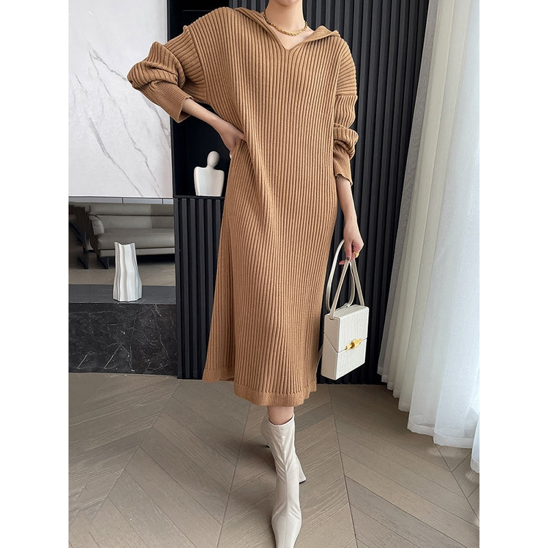 Stylish Long Sleeves Loose Solid Color Hooded Sweater Dresses