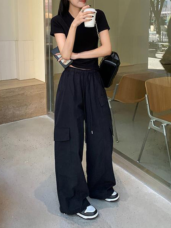 High Waisted Loose Drawstring Elasticity Pockets Solid Color Split-Joint Pants Trousers