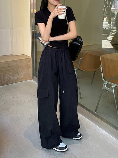 High Waisted Loose Drawstring Elasticity Pockets Solid Color Split-Joint Pants Trousers
