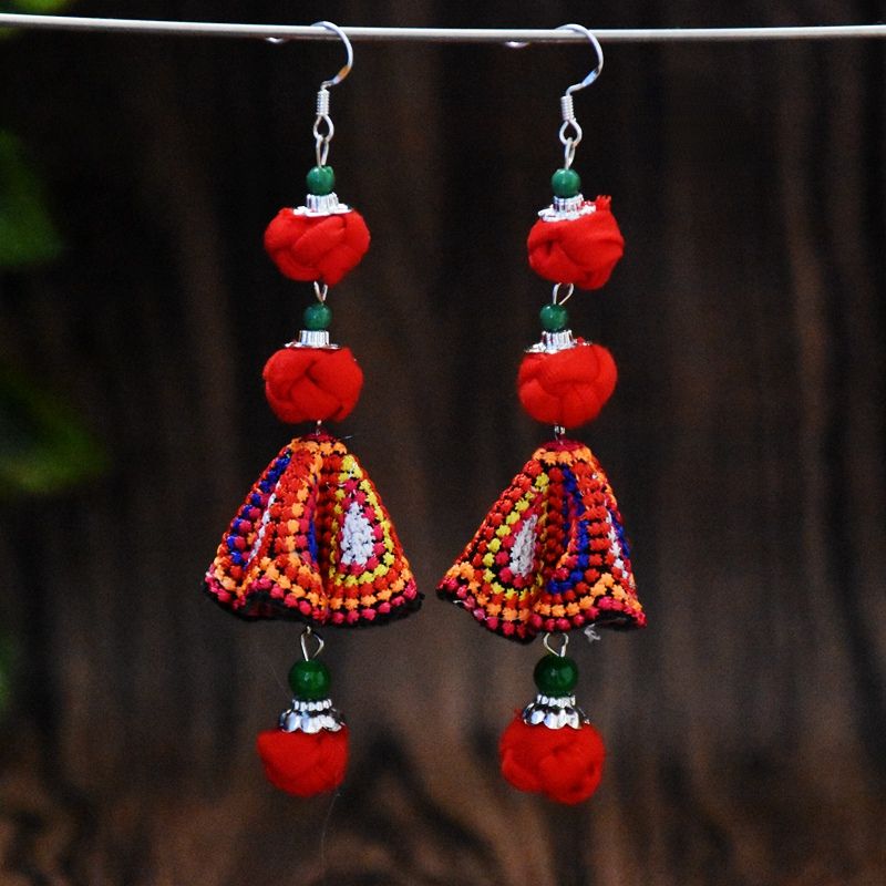 New Handmade Women'S Earrings Ethnic Style Original Joker Fabric Colored Ball Embroidered Earrings