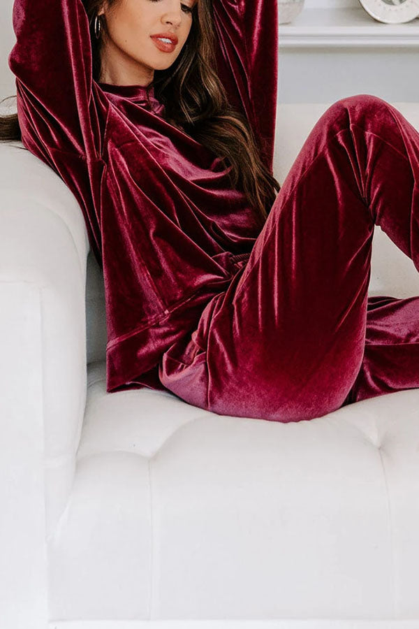 Red Solid Velvet Round Neck Top \u0026 Drawstring Pants Longe Set