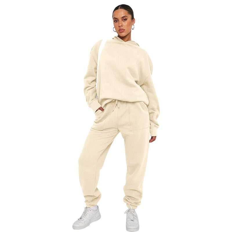 Solid Color Hooded Long Sleeve Sweatshirt Long Pants Set