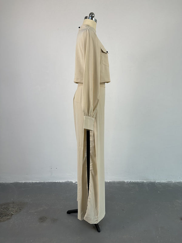 Long Sleeves Wide Leg Buttoned Contrast Color Round-Neck Shirts Tops&Pants Suits