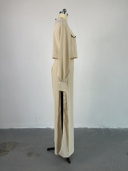 Long Sleeves Wide Leg Buttoned Contrast Color Round-Neck Shirts Tops&Pants Suits