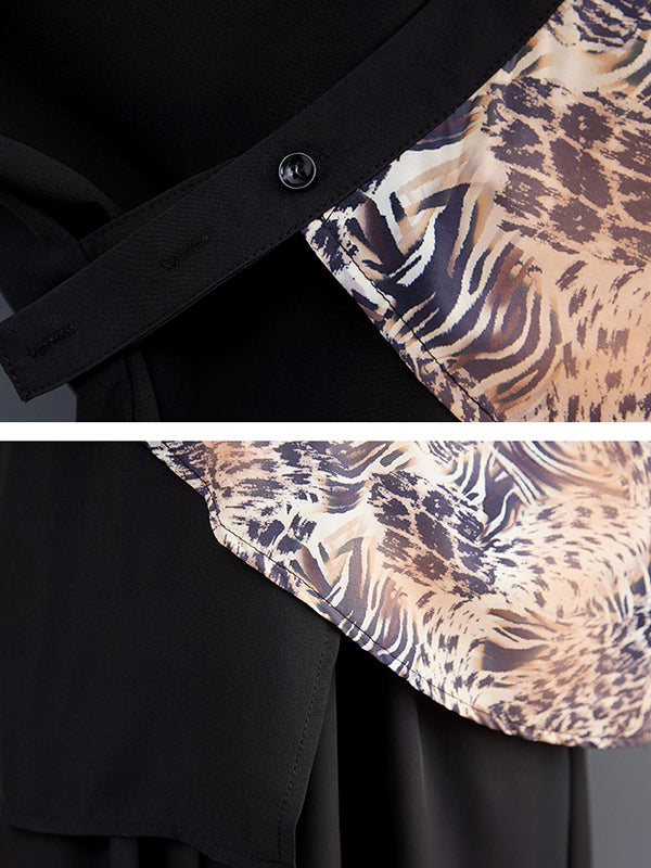 Long Sleeves Loose Contrast Color Printed Split-Joint Leopard Polo Blouses&Shirts Tops + Ninth  Culotte