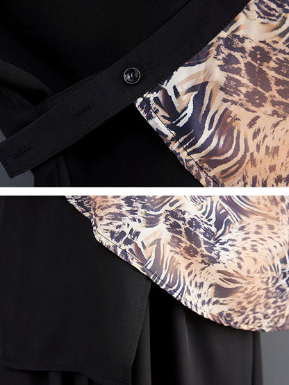 Long Sleeves Loose Contrast Color Printed Split-Joint Leopard Polo Blouses&Shirts Tops + Ninth  Culotte