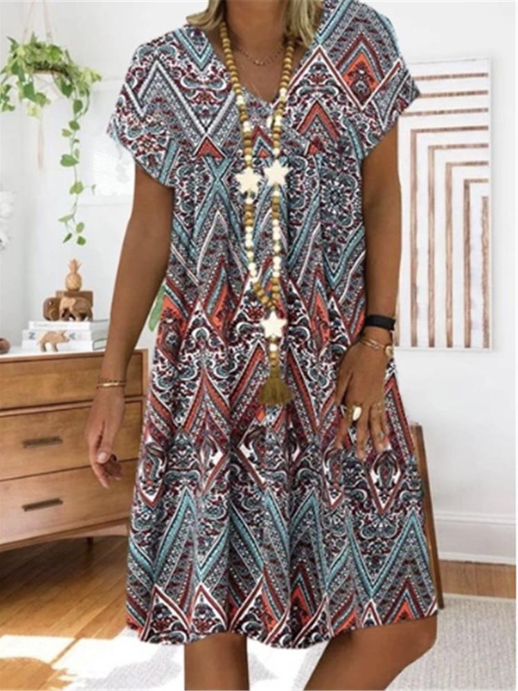 Summer Women Vintage V-Neck Short Sleeve Midi Dress