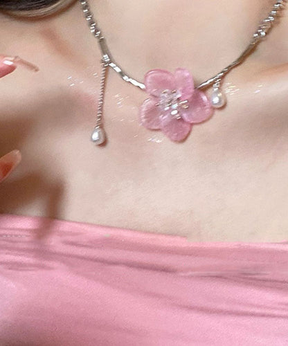 Cute Retro Pink Stainless Steel Pearl Floral Tassel Pendant Necklace