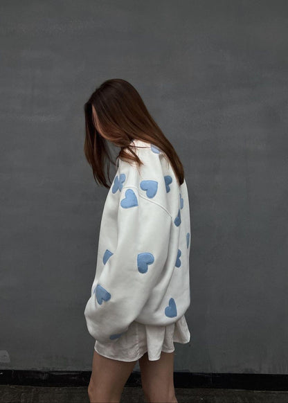 White Sweatshirt Soft Fabric Blue Heart Appliques
