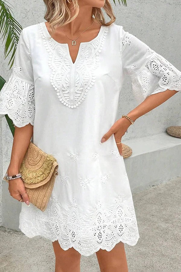 Solid Color Hollow Embroidery Casual Lace V-Neck Mini Dress