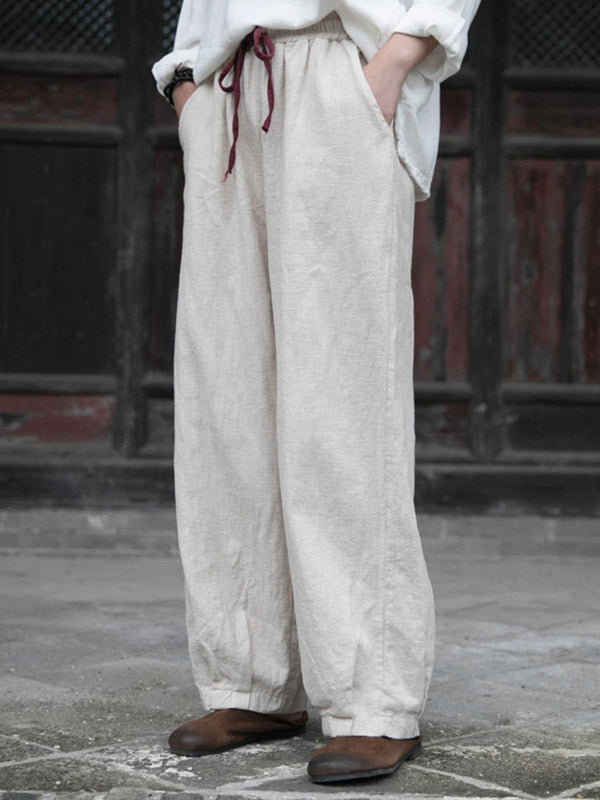 Simple Ramie Cotton Elasticity Waist Loose Knickerbockers&Capri-Pants