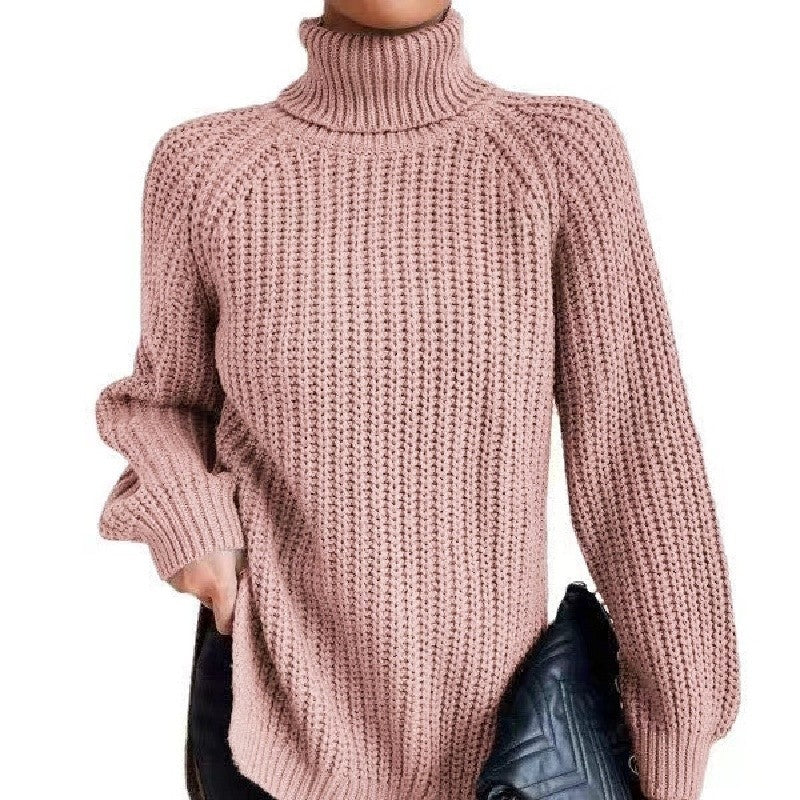 High Collar Raglan Sleeve Sweater Mid-Length Slit Hem Sweater