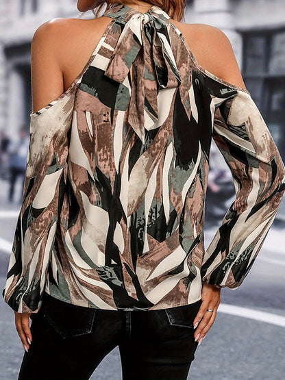 Long Sleeves Loose Contrast Color Elasticity Hollow Cold Shoulder Blouses&Shirts Tops