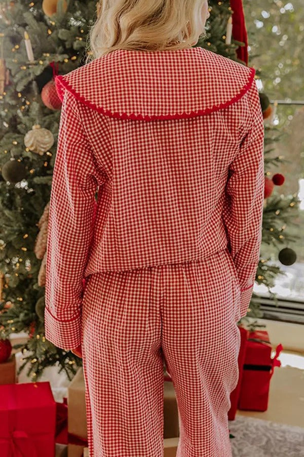 Nutcracker Charm Embroidered Gingham Loose Shirt and Elastic Waist Pajama Set