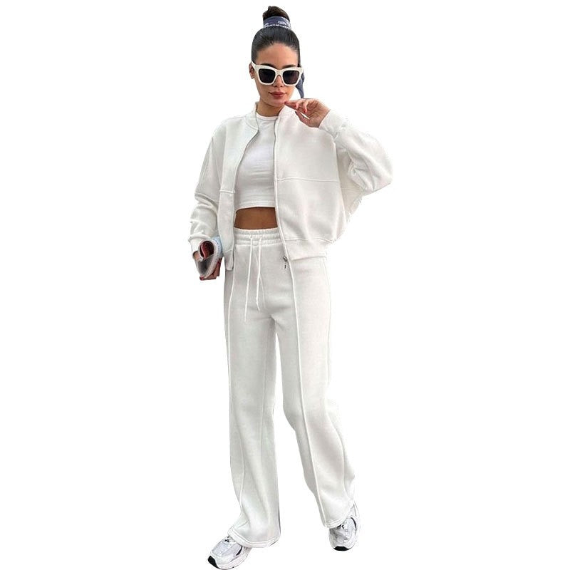 Solid Fleece Zip Hoodie Straight Leg Pants Set