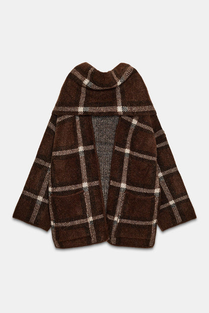 SHORT CHECK KNIT COAT WITH SCARF DETAIL