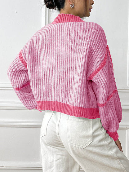 Long Sleeves Loose Contrast Color Cardigan Sweater Tops