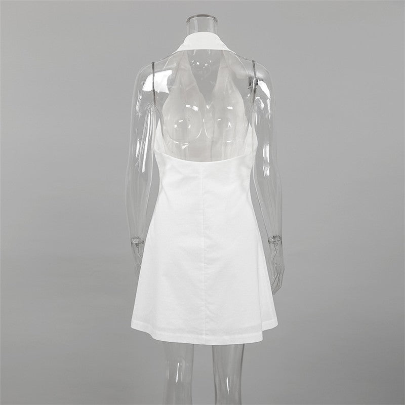 White V Neck Backless A Line Mini Dress