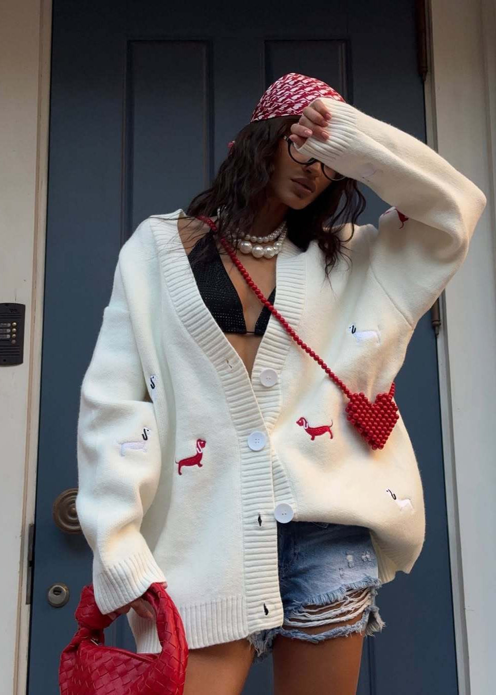 Oversized Knit Cardigan With Dachshund Embroidery