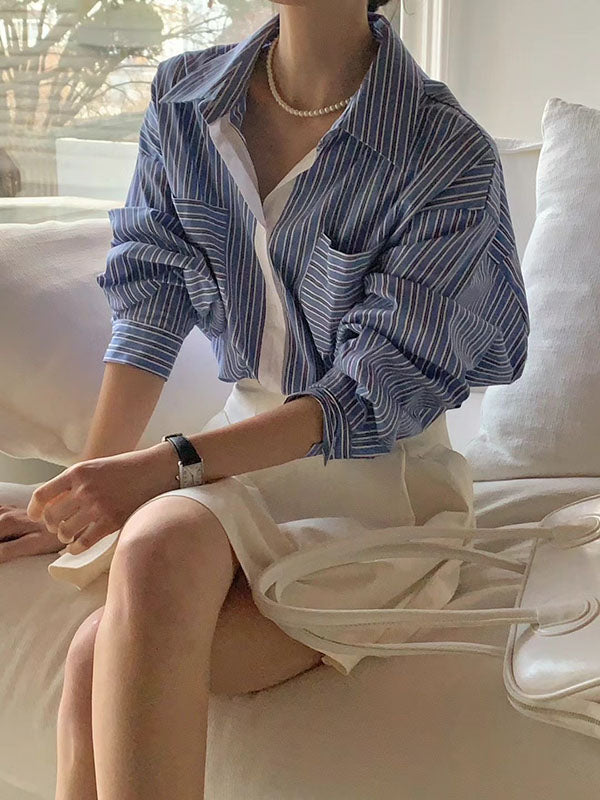 Long Sleeves Loose Buttoned Contrast Color Pockets Striped Lapel Blouses&Shirts Tops